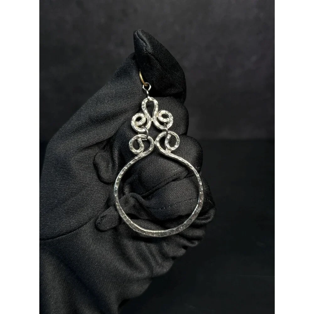 Silver Tone Hammered Open Hoop Scroll Pendant Large Boho Drop